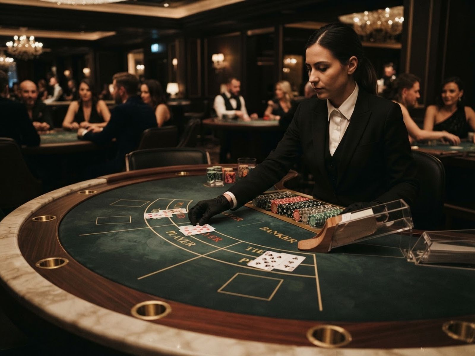 Live baccarat tafel met kaarten en fiches bij Casino777