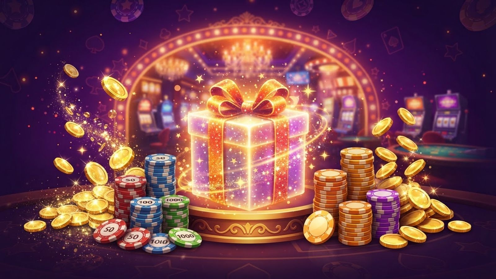Welkomstbonus met gouden munten en fiches bij Casino777