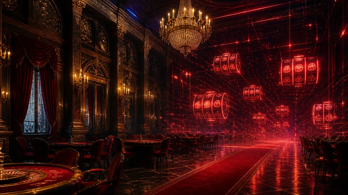 Klassieke casinozaal met kroonluchters die overgaat in rode digitale lichtlijnen