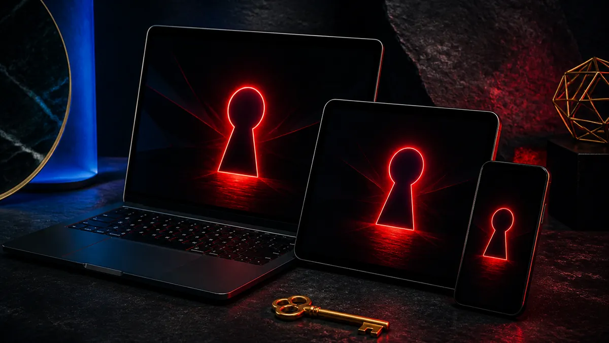 Laptop, tablet en smartphone met een gloeiend rood sleutelgat en een gouden sleutel