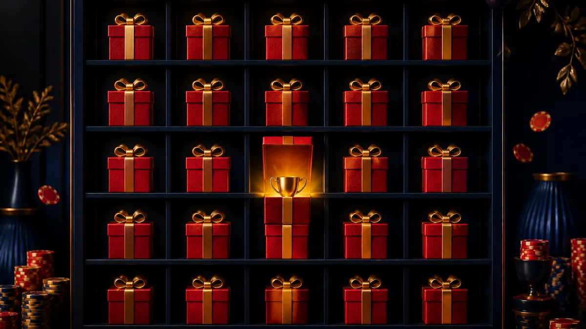 Kast vol rode cadeaudozen met gouden linten, één doos open met een kleine trofee