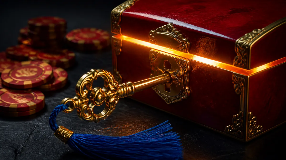 Gouden sleutel in het slot van een rood kistje waaruit warm licht schijnt