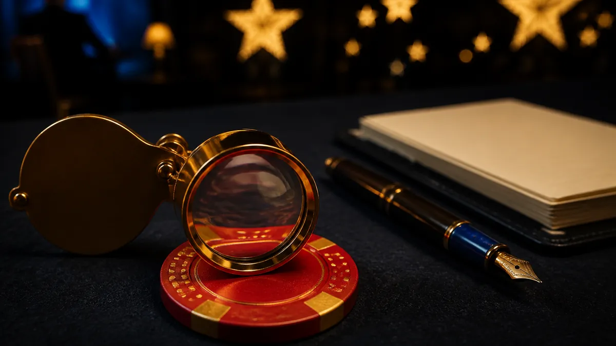 Loep van een juwelier boven een rode casinofiche, met gouden sterren op de achtergrond