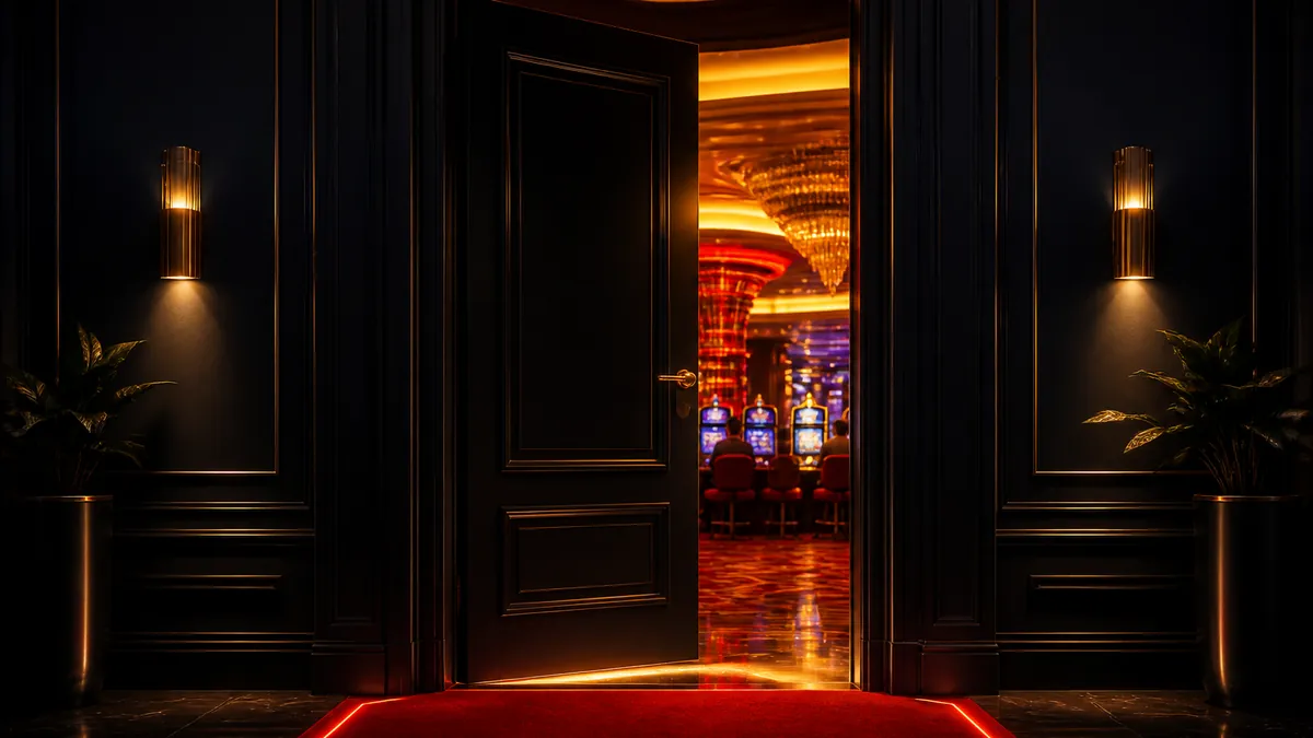 Donkere deur op een kier met warm casinolicht dat naar buiten valt
