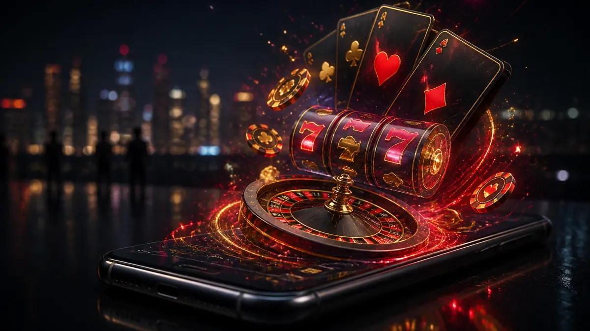 Smartphone waaruit holografische gokkastrollen, een roulettewiel en speelkaarten opstijgen