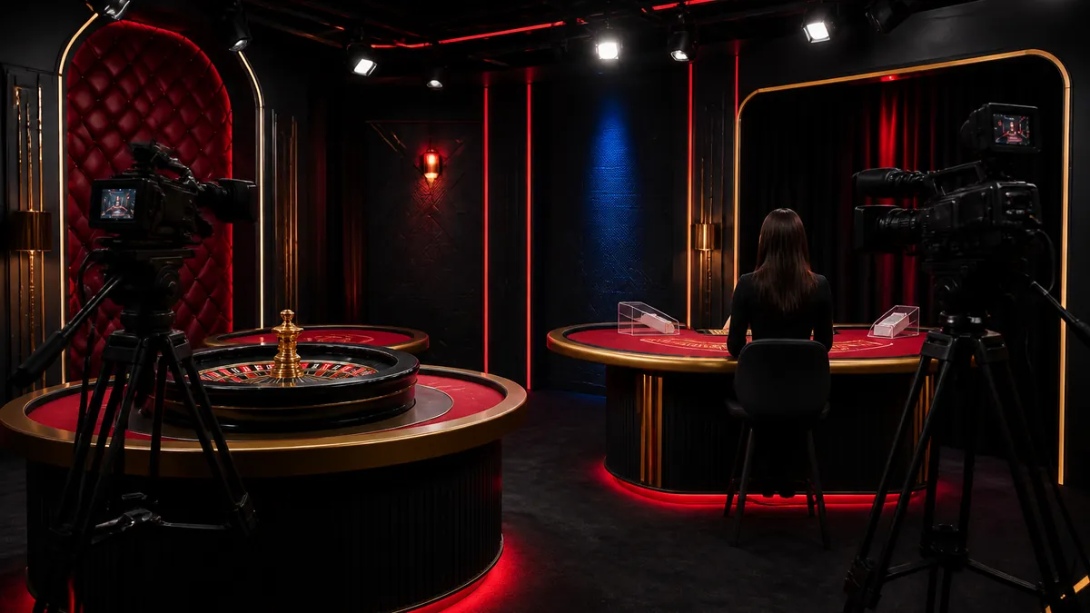 Live casinostudio met een roulettetafel, een blackjacktafel en camera's op statieven