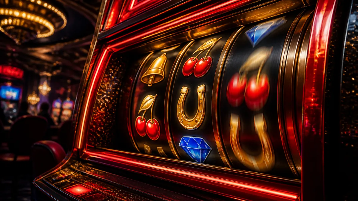Gloeiende gokkastrollen met kersen, bellen, diamanten en hoefijzers in een rood frame